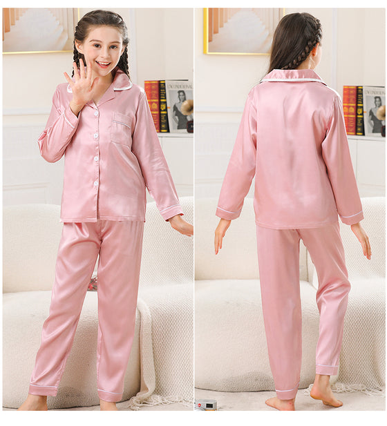 Pajama Set for Kid Girl Button-up Satin Pajama Sleepwear Nightwear Loungewear Clothes Set Gifts for Kids