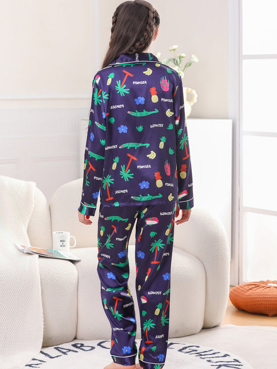 Moolmeyno Satin Pajamas Set for Kids Smooth Soft Satin Sleepwear Girls Long Sleeve Button Up Nightwear  Casual Comfy Silky Loungewear 7-14 Years