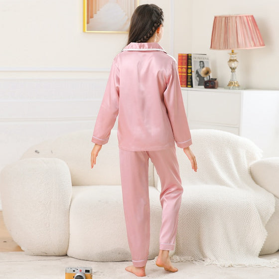 Pajama Set for Kid Girl Button-up Satin Pajama Sleepwear Nightwear Loungewear Clothes Set Gifts for Kids