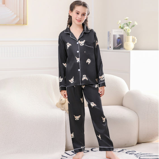 Moolmeyno Satin Pajamas Girl's Long Sleeve Sleepwear Satin Soft Button Down Loungewear Pjs Set