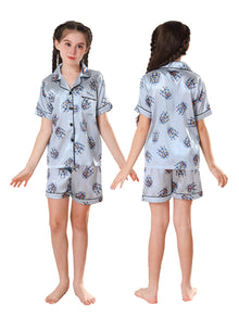  Moolmeyno Girl’s Pajamas Set Silk Satin Short Sleeve Loungewear Two-Piece Sleepwear Nightwear Button-Down Pj Set 130-160