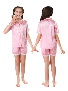  Moolmeyno Girl’s Pajamas Set Silk Satin Short Sleeve Loungewear Two-Piece Sleepwear Nightwear Button-Down Pj Set 130-160