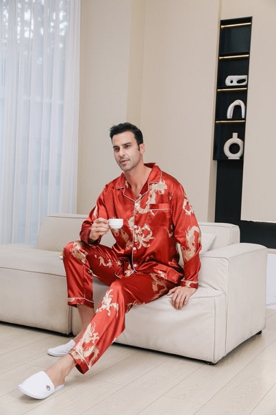 Men Satin Pajamas Set Long Sleeve Top and Long pant Nightwear